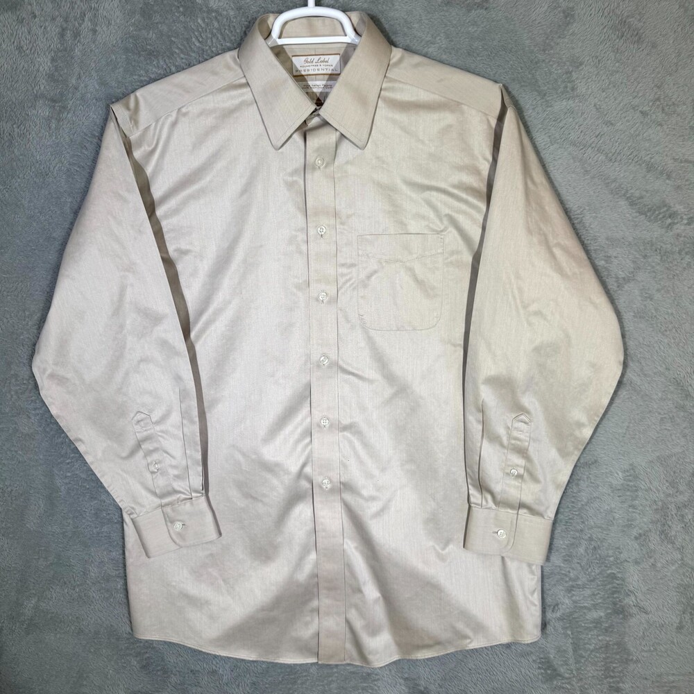 Gold Label Men’s Dress Shirt 16/34 Tan 100% Cotton Fitted Career Formal